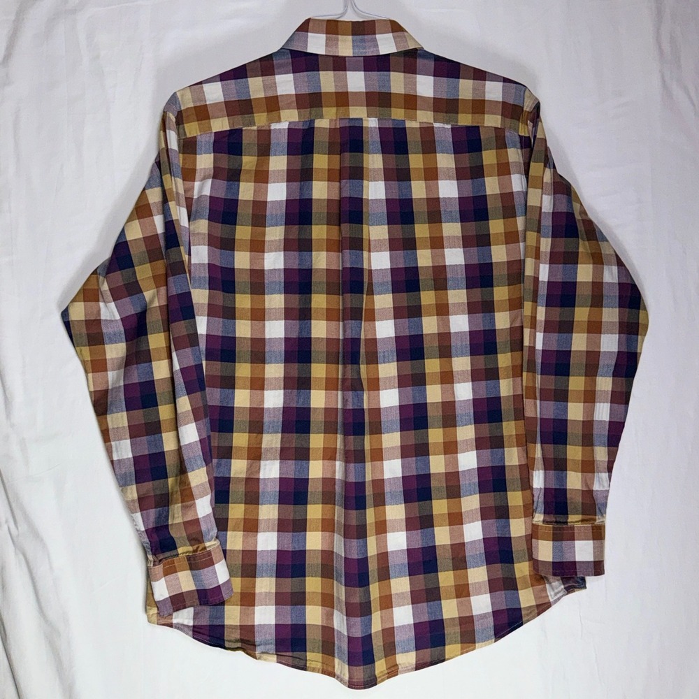 Turnbury Mens Lustrous Cotton Plaid Button Down Shirt Purple Gold Brown Size M - Picture 3 of 8